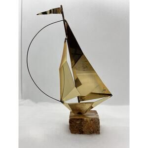 Mario Jason MCM Brutalist Brass Copper And Onyx Sailboat Sculpture Signed Sail